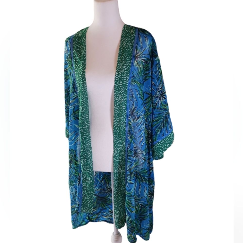 Ophelia Roe blue and green tropical motif Sheer Cardigan Cover Up